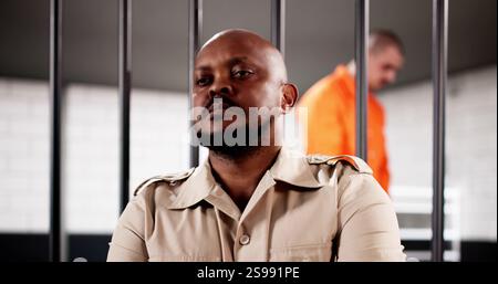 Poliziotto ispanico in uniforme a guardia delle sbarre delle strutture di detenzione Foto Stock