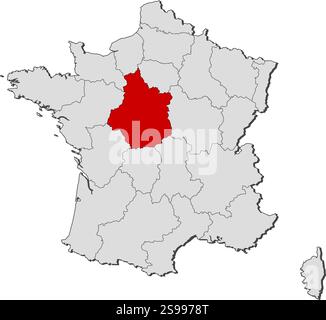 Mappa della Francia con le province, Centro è evidenziata. Illustrazione Vettoriale