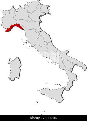 Mappa dell'Italia con le province, Liguria è evidenziata. Illustrazione Vettoriale