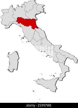 Mappa dell'Italia con le province, Emilia-Romagna è evidenziata. Illustrazione Vettoriale