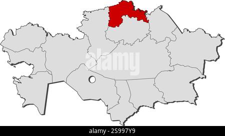 Mappa del Kazakistan con le province, Kazakistan settentrionale è evidenziata. Illustrazione Vettoriale