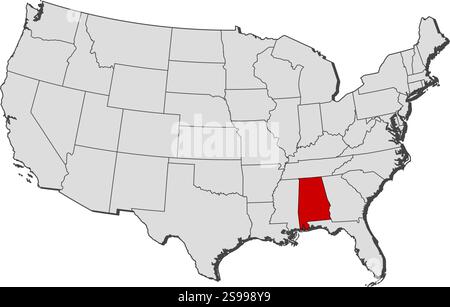 Mappa degli Stati Uniti con le province, Alabama è evidenziata. Illustrazione Vettoriale