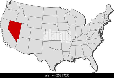 Mappa degli Stati Uniti con le province, Nevada è evidenziata. Illustrazione Vettoriale