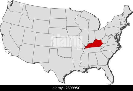 Mappa degli Stati Uniti con le province, Kentucky è evidenziata. Illustrazione Vettoriale