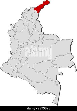 Mappa della Colombia con le province, la Guajira è evidenziata. Illustrazione Vettoriale