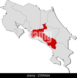Mappa della Costa Rica con le province, San José è evidenziata. Illustrazione Vettoriale