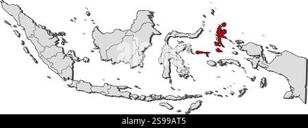Mappa dell'Indonesia con le province, Maluku settentrionale è evidenziata. Illustrazione Vettoriale