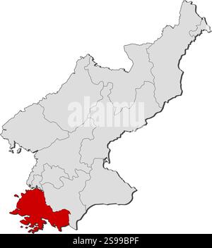 Mappa della Corea del Nord con le province, Sud Hwanghae è evidenziata. Illustrazione Vettoriale