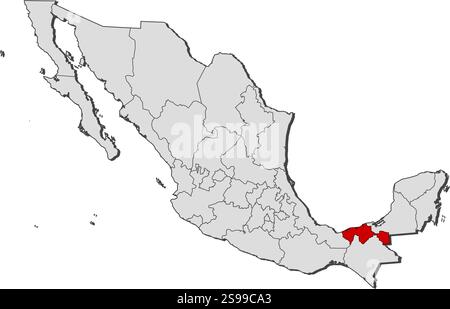 Mappa del Messico con le province, Tabasco è evidenziato. Illustrazione Vettoriale