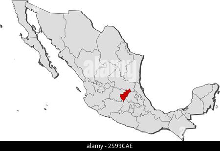 Mappa del Messico con le province, Queretaro è evidenziato. Illustrazione Vettoriale