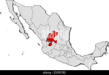 Mappa del Messico con le province, Zacatecas è evidenziata. Illustrazione Vettoriale