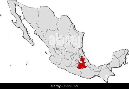 Mappa del Messico con le province, Puebla è evidenziata. Illustrazione Vettoriale