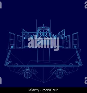 Disegno blu di una struttura a reticolo di un'imbarcazione. L'imbarcazione viene visualizzata in una prospettiva 3D. Illustrazione Vettoriale