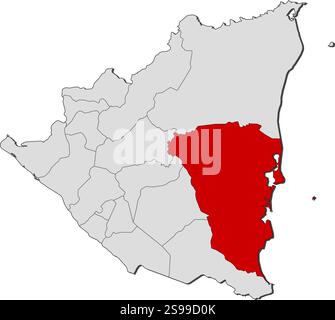 Mappa del Nicaragua con le province, regione Autonoma della costa dei Caraibi del Sud è evidenziata. Illustrazione Vettoriale