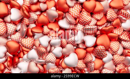 Sfondo rosso e rosa per San Valentino. Un mucchio di cuori. Sfondo romantico. illustrazione di rendering 3d. Foto Stock