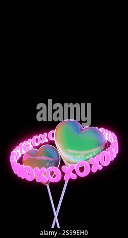 Social media 3D concettuali sfondi verticali elegante e trendy Valentine Heart Love romantici abbracci baci messaggi di testo evento stagionale al neon lollipop Foto Stock