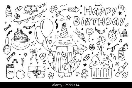 Elementi disegnati a mano per il compleanno, scarabocchi natalizi. Uno schizzo di una torta di compleanno, un palloncino, un gatto dei cartoni animati e un elemento decorativo per eventi. Illustrazione vettoriale di elementi di parti. Illustrazione Vettoriale
