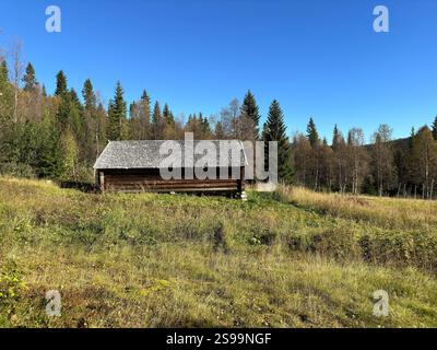 Vecchie e tradizionali cabine in legno in montagna Foto Stock