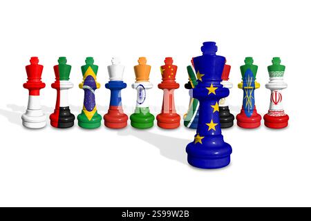 BRICS è un gruppo di potenti stati emergenti. Scacchi fatti con bandiere di paesi dell'UE e BRICS Foto Stock