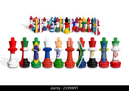 Scacchi fatti con bandiere di membri dell'UE e paesi BRICS. BRICS è un gruppo di potenti stati emergenti. Foto Stock