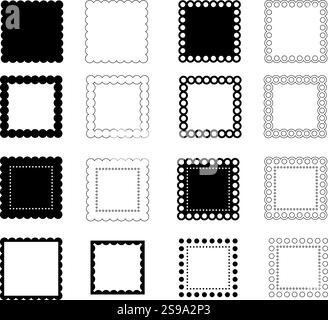 Set di 16 modelli decorativi vettoriali isolati con smerlatura quadrata per design, profilati quadrati, vettori quadrati con smerlatura modificabili. Grafica ritaglio vettoriale Illustrazione Vettoriale