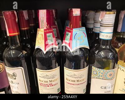 Bobruisk, Bielorussia - 17 gennaio 2025: File di bottiglie di vino colorate attendono gli acquirenti curiosi in un negozio locale. Le etichette mostrano origini diverse e Foto Stock