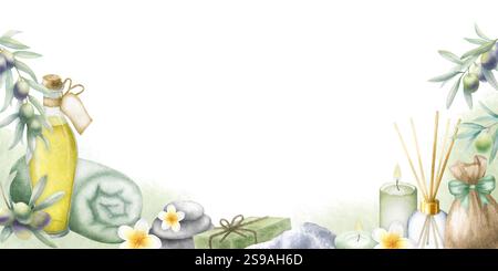 Olio d'oliva e rami, sacco con sale marino, candele, ciottoli, asciugamano, diffusore di aroma, plumeria e sapone. Cornice rettangolare isolata ad acquerello disegnata a mano con spazio di copia. Banner per il design spa. Foto Stock