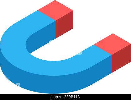 Magnete a ferro di cavallo blu e rosso che attrae oggetti con la sua potente forza magnetica, isolato su uno sfondo bianco pulito, presentato in un colpo d'occhio Illustrazione Vettoriale