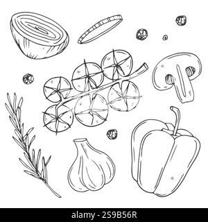 Set di icone vettoriali contorno verdure. Carciofo monocromatico, porro, erbe aromatiche, mais, aglio, cetriolo, pepe, cipolla, sedano, asparagi, cavolo e. Illustrazione Vettoriale