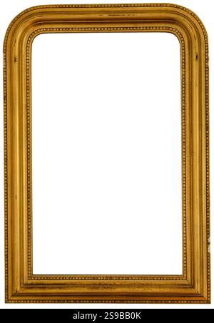 Immagine vuota dorata antica o cornice a specchio isolata su sfondo bianco Foto Stock