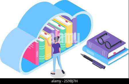 Libreria online nello storage cloud, studente che sceglie un libro, download o studio online, concetto di illustrazione vettoriale isometrica per istruzione, apprendimento, conoscenza e corso online Illustrazione Vettoriale