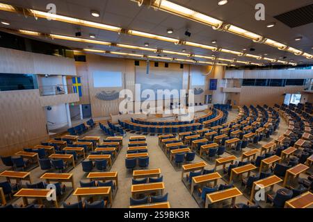 Stoccolma, Svezia - 5 agosto 2024: L'iconica sede del Parlamento di Stoccolma, Svezia, che presenta una splendida architettura e un significato storico. Foto Stock