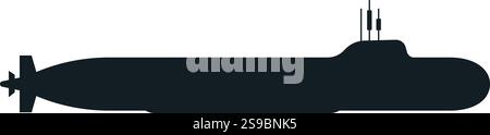 Semplice silhouette nera che raffigura un sottomarino militare che pattuglia sott'acqua, con un periscopio e antenne che rompono la superficie, rappresentando il potere furtivo e marittimo Illustrazione Vettoriale
