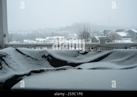 Spessi strati di case e alberi coperte di neve, trasformando il quartiere in un tranquillo paradiso invernale pieno di quiete. Foto Stock