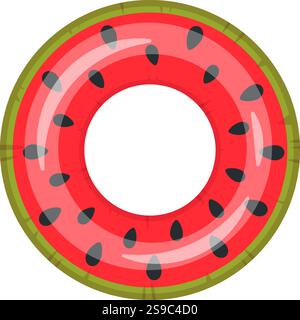 Vibrante illustrazione di un galleggiante a forma di fetta di anguria, caratterizzato da un centro rosso con semi neri e una crosta verde. Perfetto per l'estate Illustrazione Vettoriale