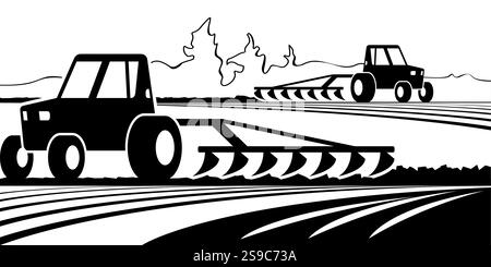 Trattori con aratro nell'azienda agricola - illustrazione vettoriale Illustrazione Vettoriale