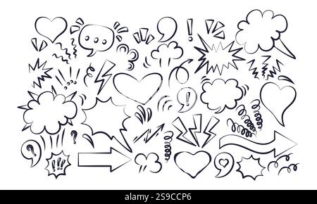 Fumetti e simboli di espressione. Fumetti disegnati a mano, effetti esplosivi, frecce e segni di punteggiatura. Elementi Doodle impostati per Illustrazione Vettoriale