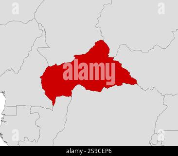 Mappa della Repubblica Centrafricana e dei paesi vicini, Repubblica Centrafricana è evidenziata in rosso. Illustrazione Vettoriale