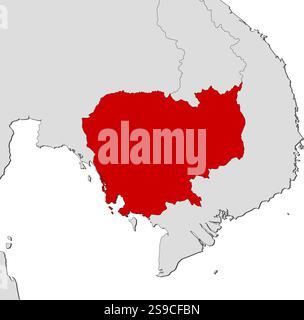 Mappa della Cambogia e dei paesi vicini, la Cambogia è evidenziata in rosso. Illustrazione Vettoriale