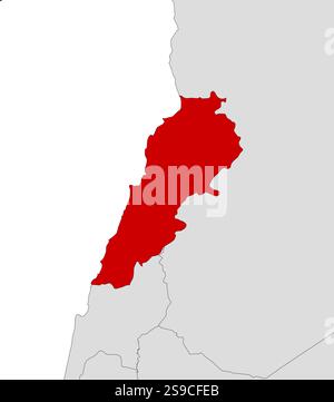 Mappa del Libano e dei paesi vicini, il Libano è evidenziato in rosso. Illustrazione Vettoriale