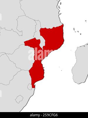 Mappa del Mozambico e dei paesi vicini, il Mozambico è evidenziato in rosso. Illustrazione Vettoriale
