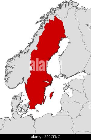 Mappa della Svezia e dei paesi vicini, la Svezia è evidenziata in rosso. Illustrazione Vettoriale