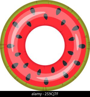 Vibrante illustrazione di un galleggiante a forma di fetta di anguria, caratterizzato da un centro rosso con semi neri e una crosta verde. Perfetto per design estivi e idee divertenti Illustrazione Vettoriale