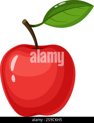 Illustrazione in stile cartone animato di una mela rossa matura e lucida con un'unica foglia verde e gambo marrone, che favorisce una sana alimentazione e rappresenta la freschezza e la bontà naturale Illustrazione Vettoriale