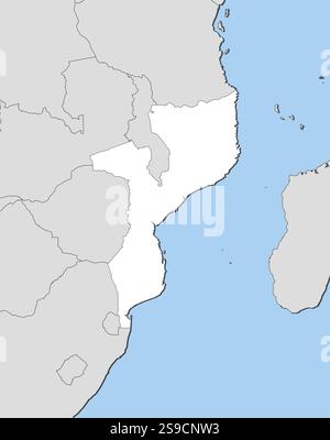 Mappa del Mozambico e dei paesi vicini, il Mozambico è evidenziato in bianco. Illustrazione Vettoriale