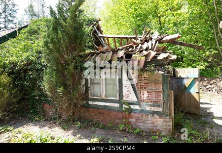 Tetto crollato di una piccola e vecchia casa abbandonata Foto Stock