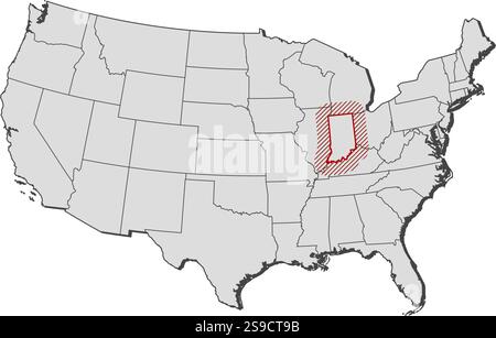 Mappa degli Stati Uniti con le province, Indiana è evidenziata da una schiusa. Illustrazione Vettoriale