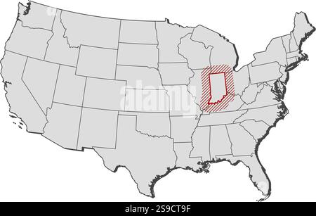 Mappa degli Stati Uniti con le province, Indiana è evidenziata da una schiusa. Illustrazione Vettoriale