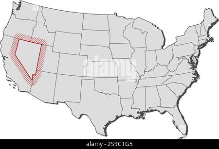 Mappa degli Stati Uniti con le province, Nevada è evidenziata da una schiusa. Illustrazione Vettoriale