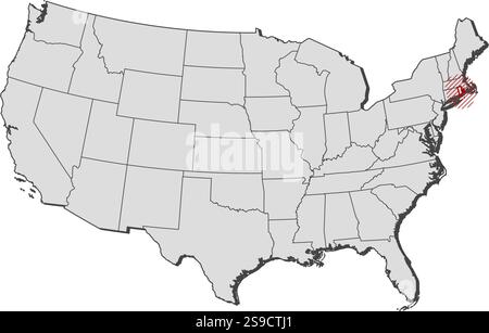 Mappa degli Stati Uniti con le province, Rhode Island è evidenziata da una schiusa. Illustrazione Vettoriale